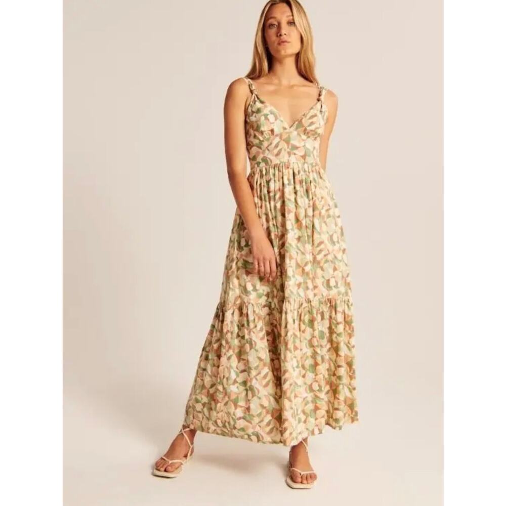 Abercrombie & Fitch Knotted Strap Maxi Green Pink Floral V-neck Dress-Size S